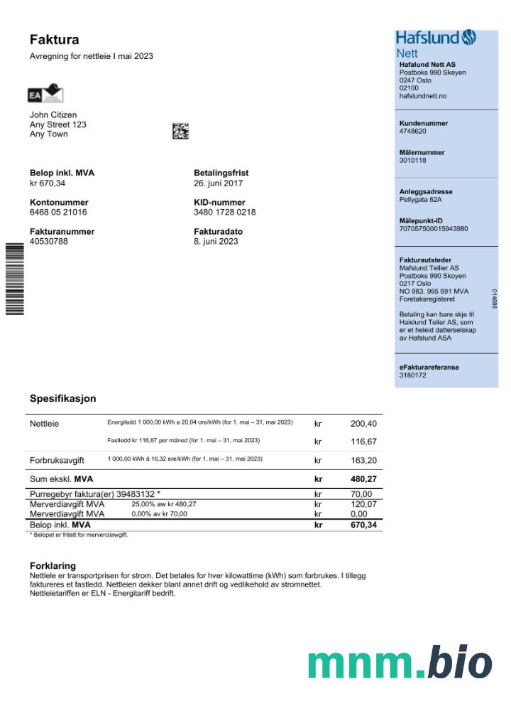 Norwegia Hafslund rachunek za media słowo i szablon PDF